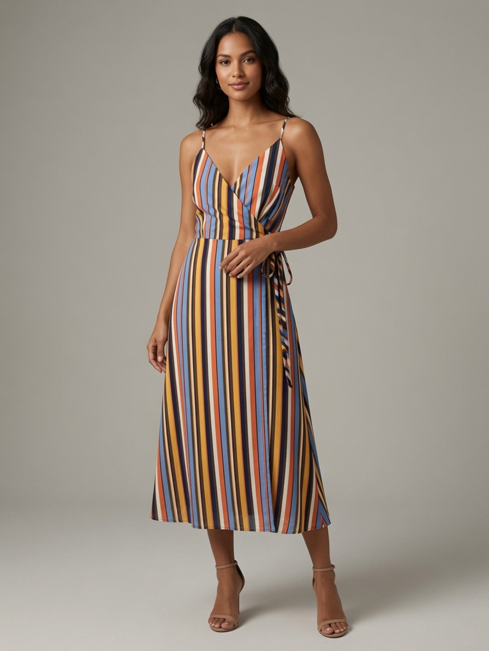 Forever 21 Multi-Stripe Wrap Midi Dress in Blue, Yellow, Rust, Black